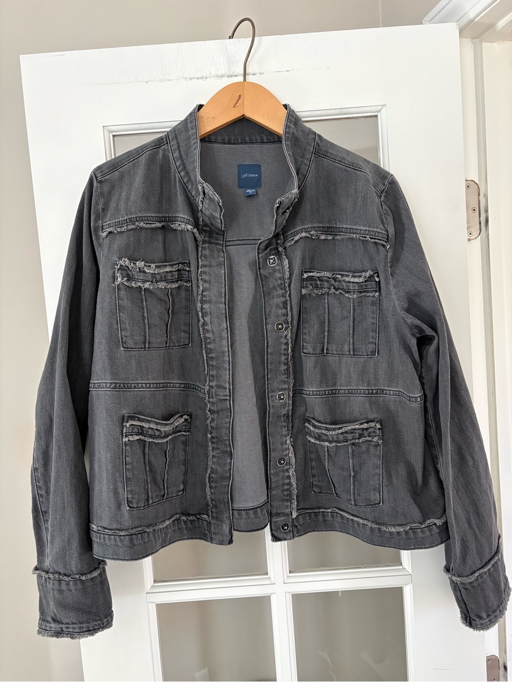 J. Jill Patch Pocket Denim Frayed Jean Jacket Gray Size M